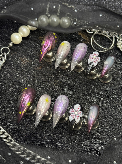 Plum chrome and silver foil long stiletto press-on nails with 3D orchid
