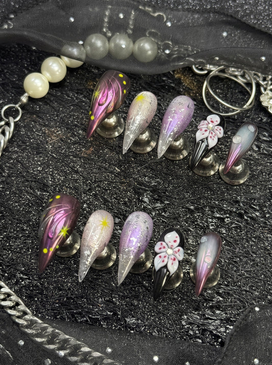 Plum chrome and silver foil long stiletto press-on nails with 3D orchid