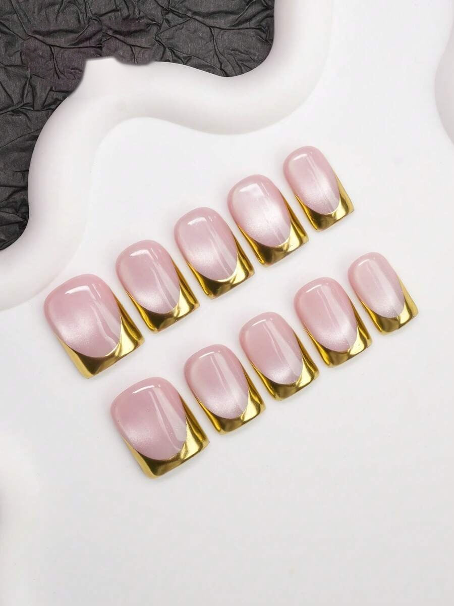 Rosé pink cat-eye short square press-on nails with gold chrome French tips