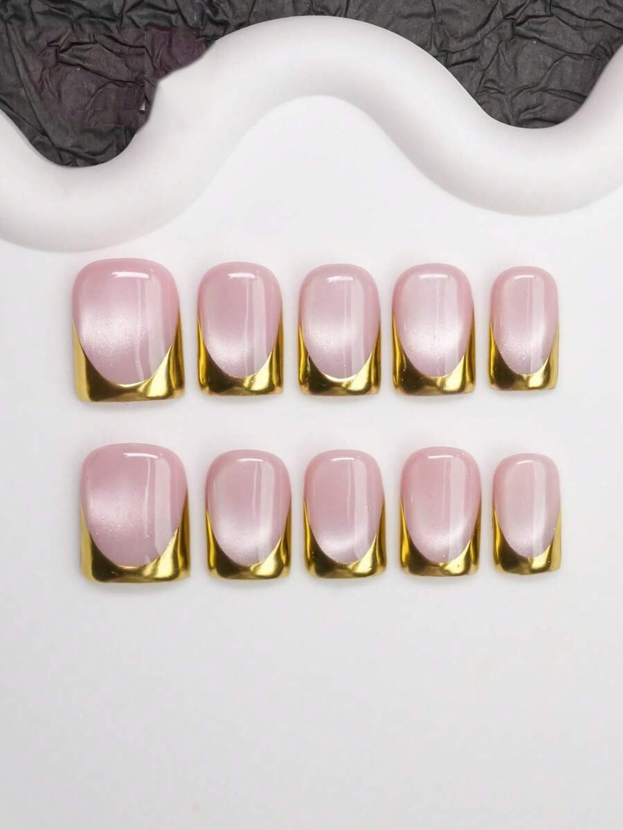 Gold chrome French tip square press-on nail set