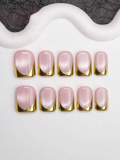 Gold chrome French tip square press-on nail set