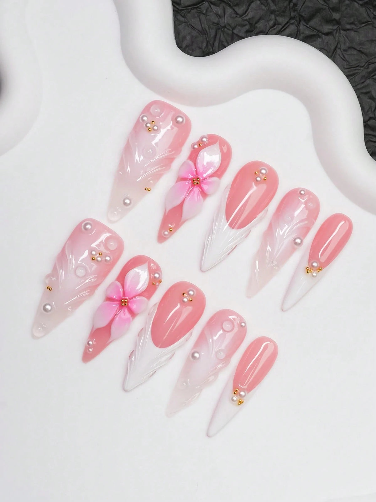 Blush Petal long stiletto press on nails, full set