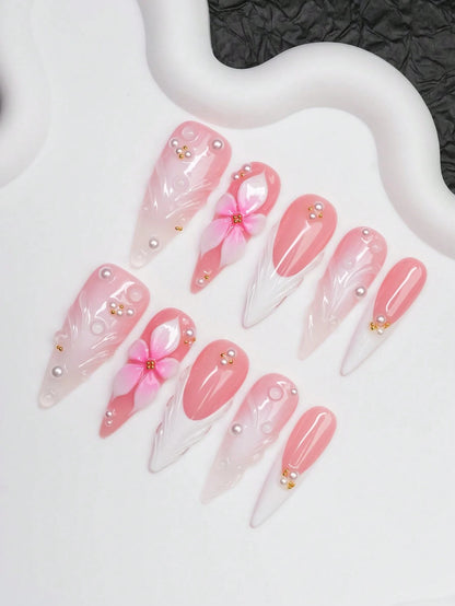 Blush Petal long stiletto press on nails, full set