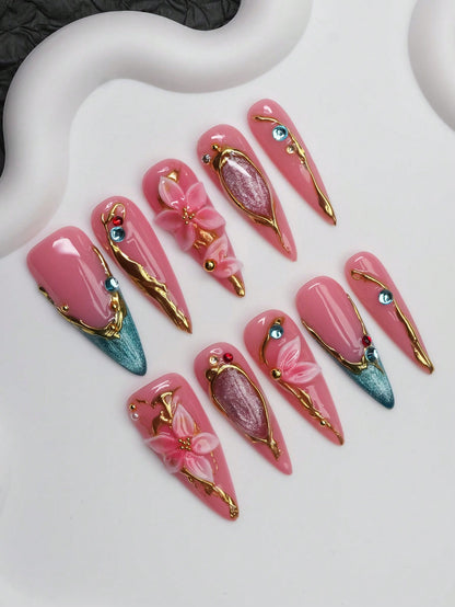 Gilded Lily long stiletto press on nails, pink gel with gold and teal cat-eye tips
