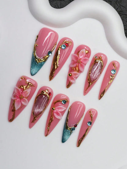 Gilded Lily long stiletto press on nails, pink gel with gold and teal cat-eye tips