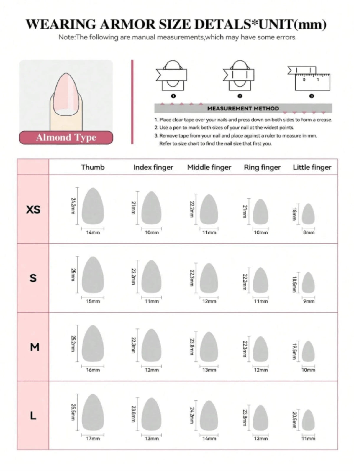Mercury Tide Medium Almond Press On Nails size chart