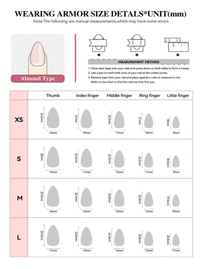 Mercury Tide Medium Almond Press On Nails size chart