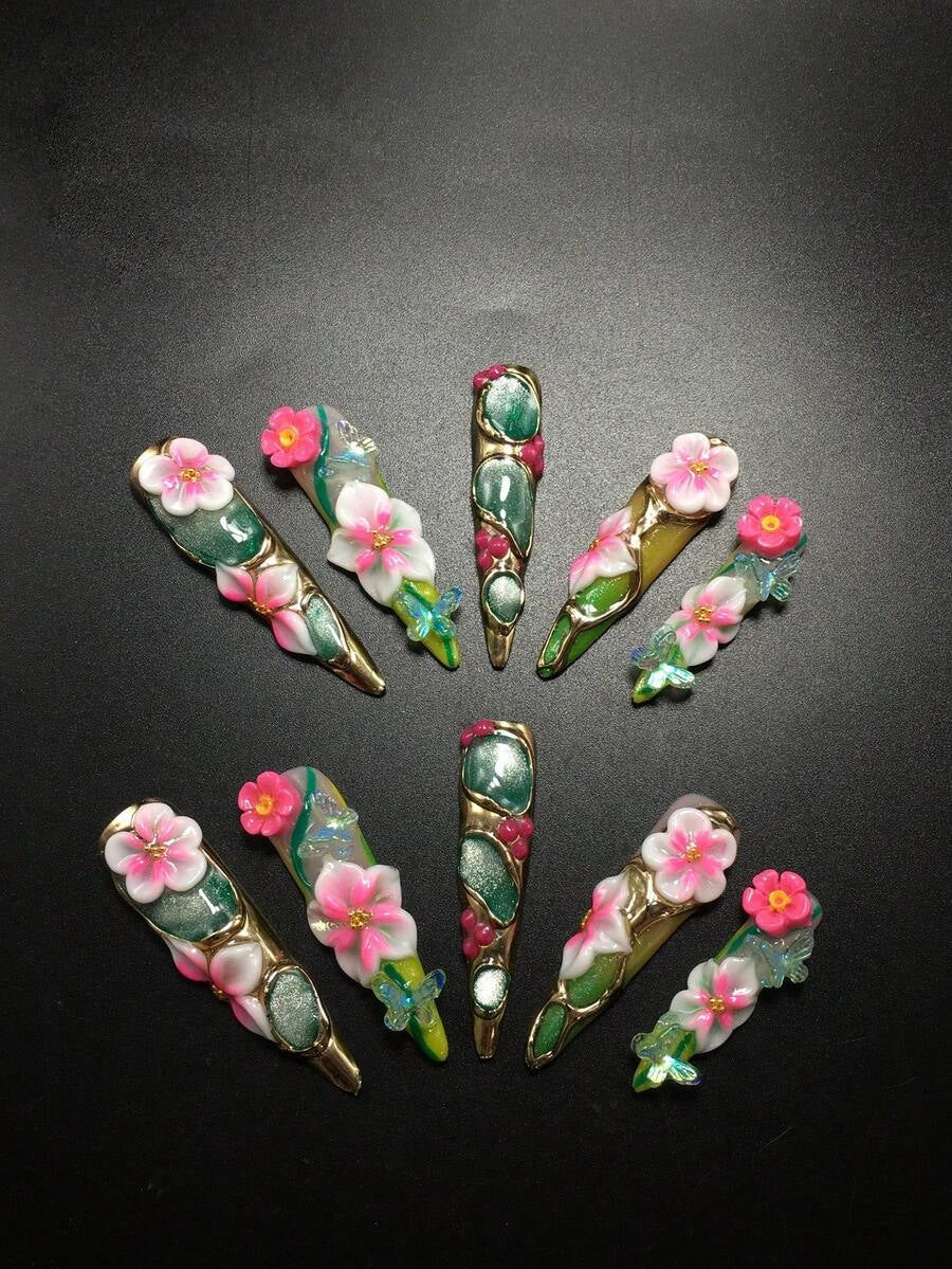 Peony Parlor extra long stiletto press on nails with pink 3D flowers and green marble