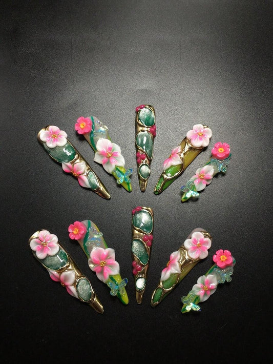 Peony Parlor extra long stiletto press on nails with pink 3D flowers and green marble