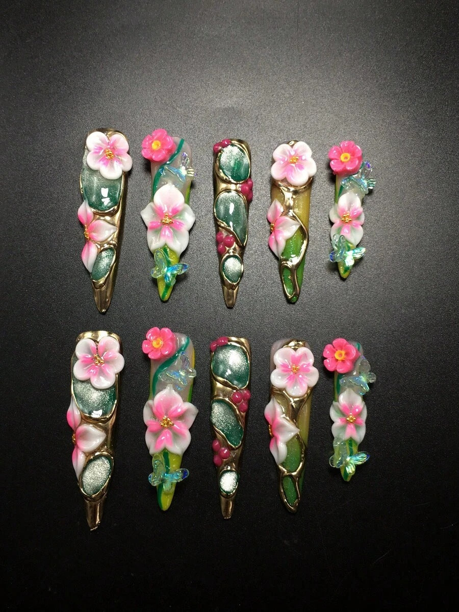 Peony Parlor stiletto nails with sculpted pink and white flowers
