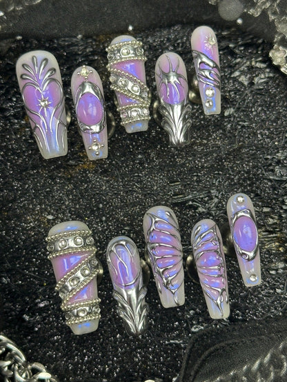 Violet Hour long coffin press on nails in lilac and silver chrome