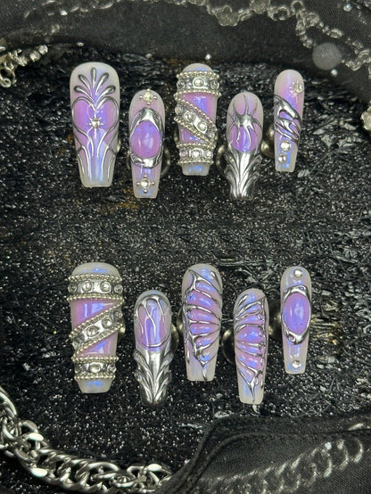 Violet Hour press on nails with sculpted silver chrome swirls