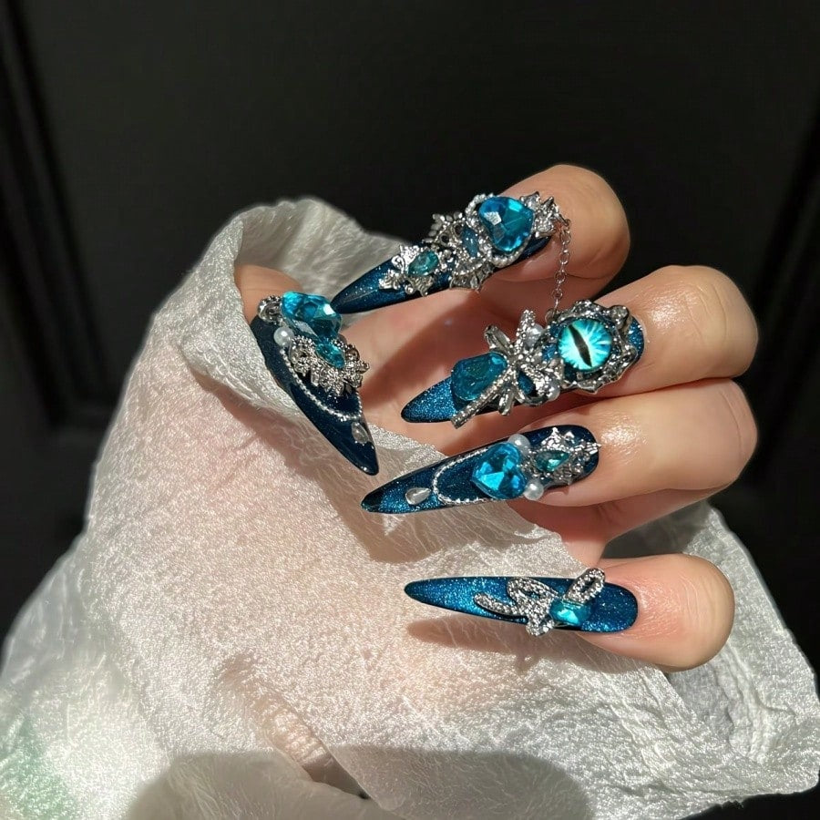 Deep Sea Siren extra long stiletto press on nails in blue cat eye with teal gems