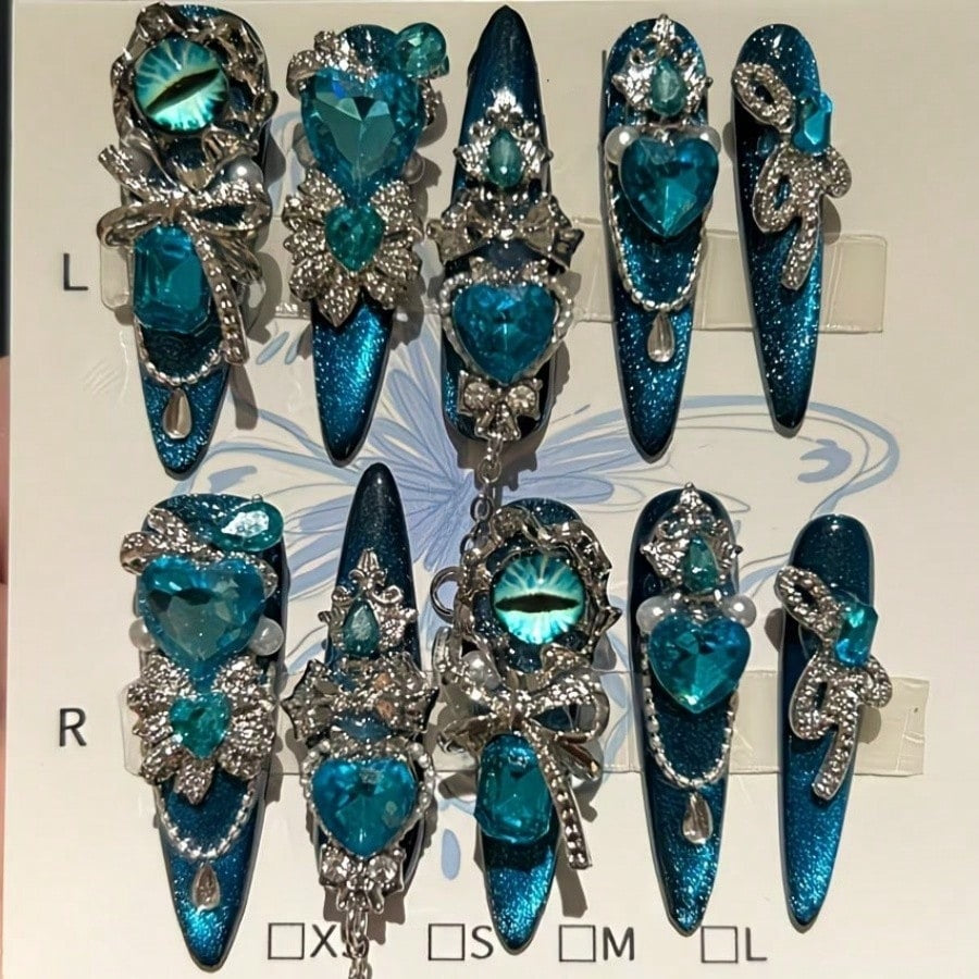 Deep Sea Siren press on nails with heart gems and silver bows