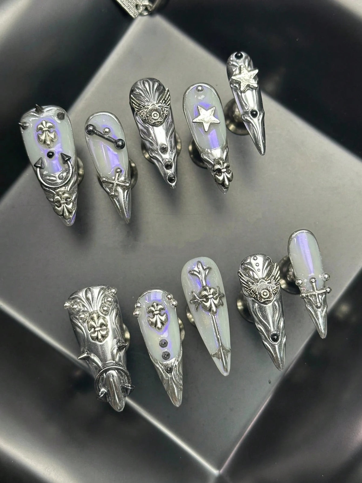 Silver Reliquary long stiletto press on nails in aurora purple and silver chrome