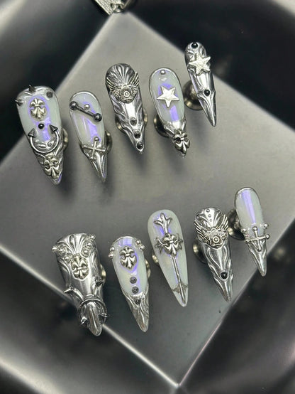 Silver Reliquary long stiletto press on nails in aurora purple and silver chrome