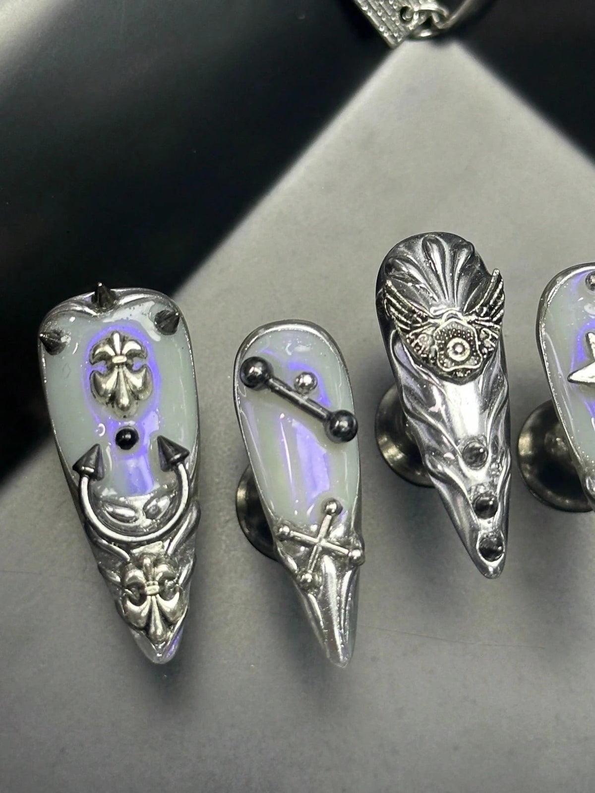 Silver Reliquary press on nails with sculpted fleur-de-lis cross and spikes