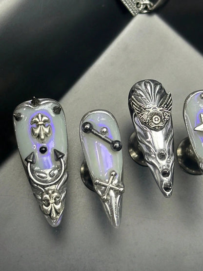 Silver Reliquary press on nails with sculpted fleur-de-lis cross and spikes