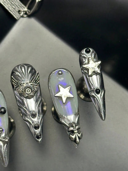 Silver Reliquary press on nails with winged crest and star charm