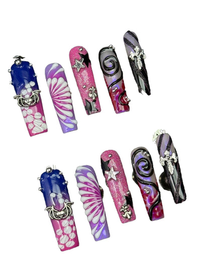 Cathedral Candy long square press on nails in pink, purple and blue with silver charms