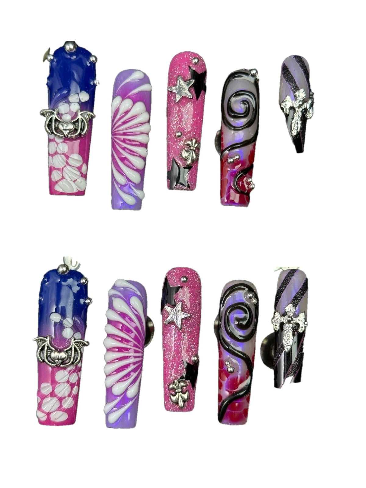 Cathedral Candy press on nails with 3D petals, stars and cross charms
