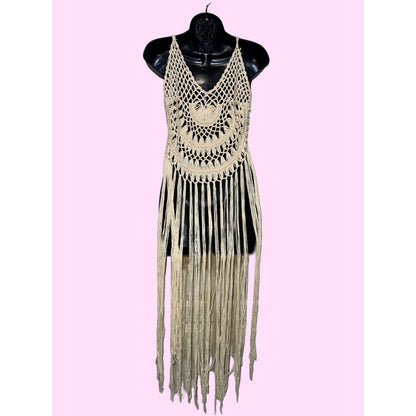 Sandy Fringe Knit Beach Maxi Dress
