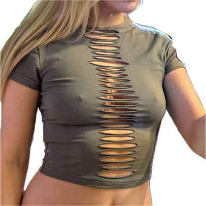 Olive Grunge Slit Crop Tee
