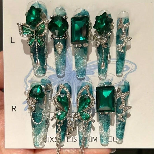 Emerald Tide extra long coffin press on nails with green gems and silver butterflies
