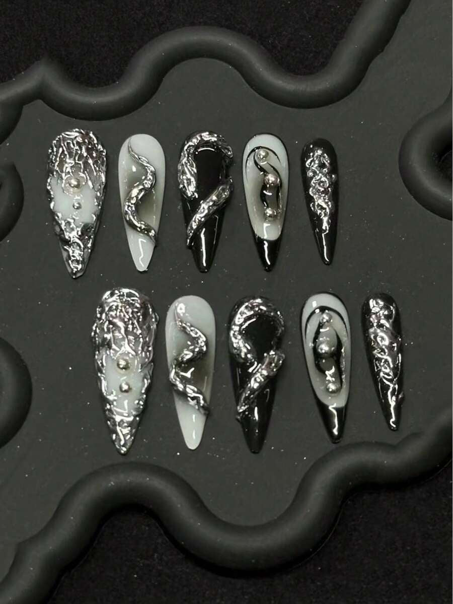 Mercury Venom long stiletto press on nails in silver foil, black and white