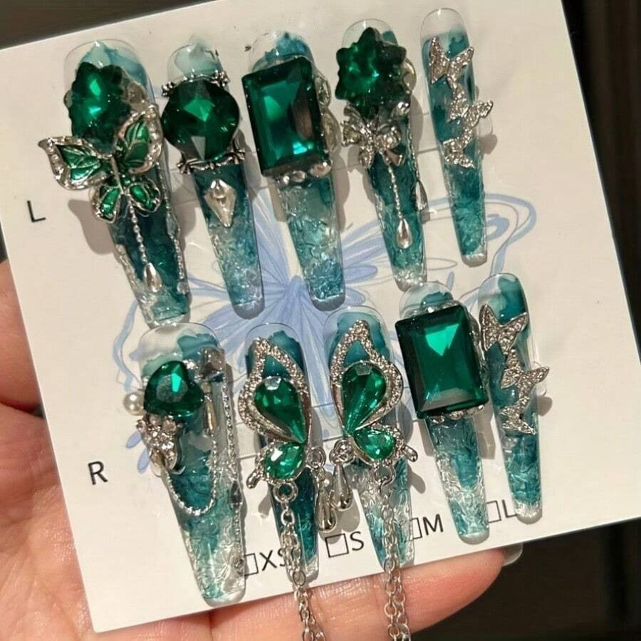 Emerald Tide press on nails set on card