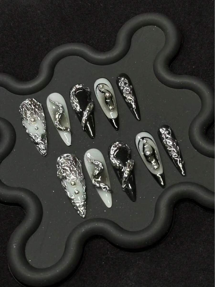 Mercury Venom press on nails with chrome swirls