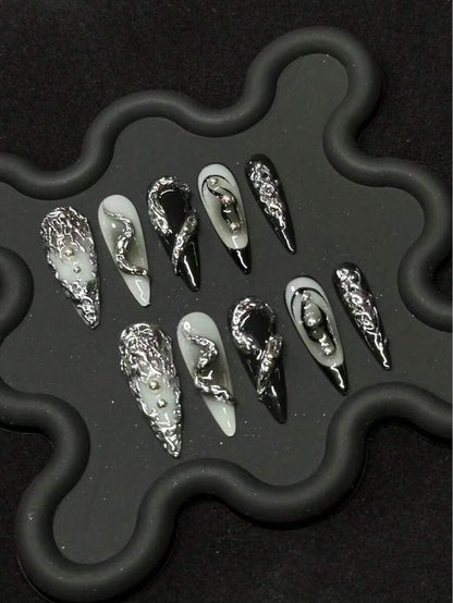 Mercury Venom press on nails with chrome swirls