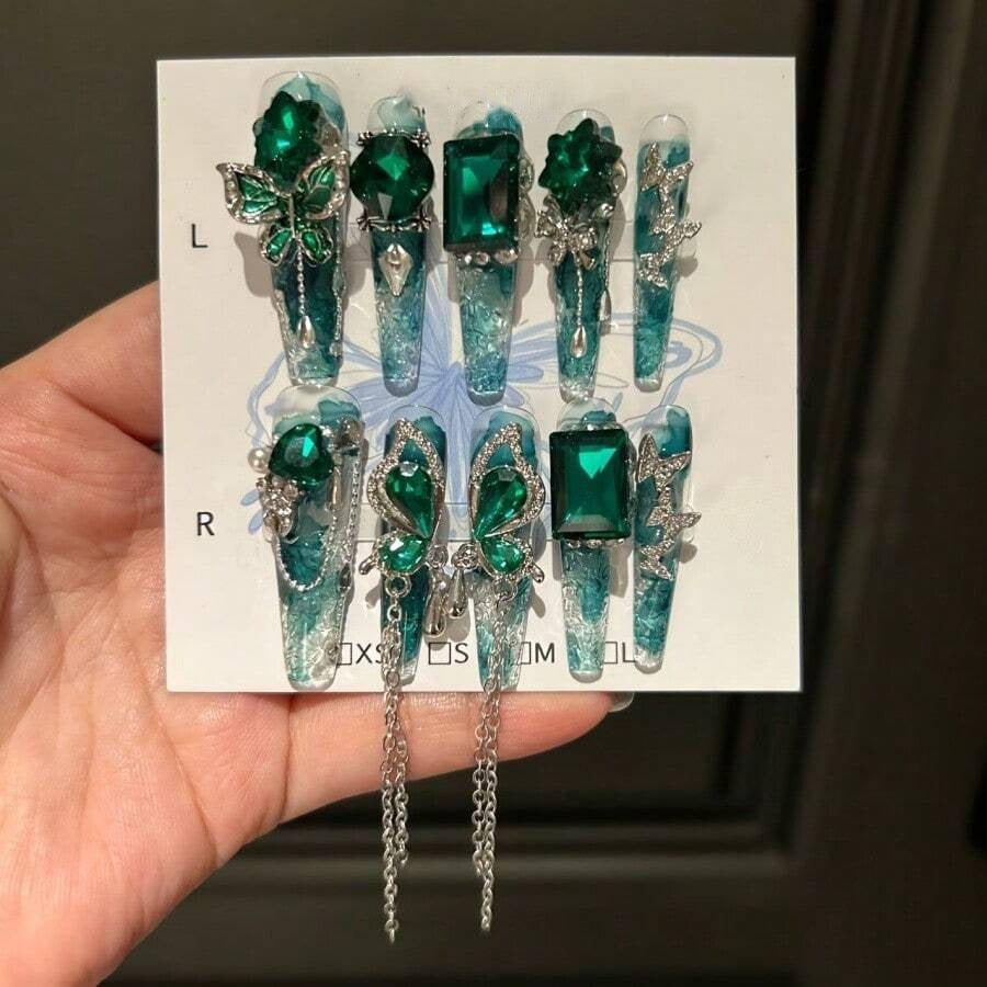 Emerald Tide press on nails with dangling chains