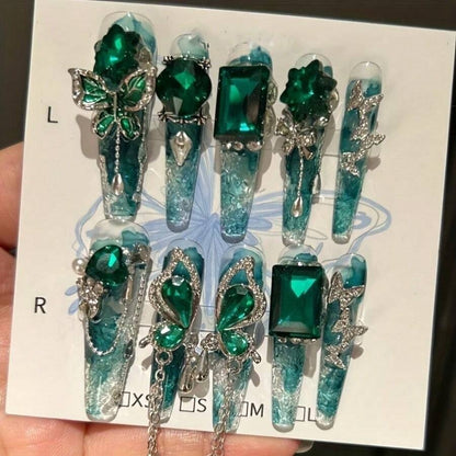 Emerald Tide press on nails detail