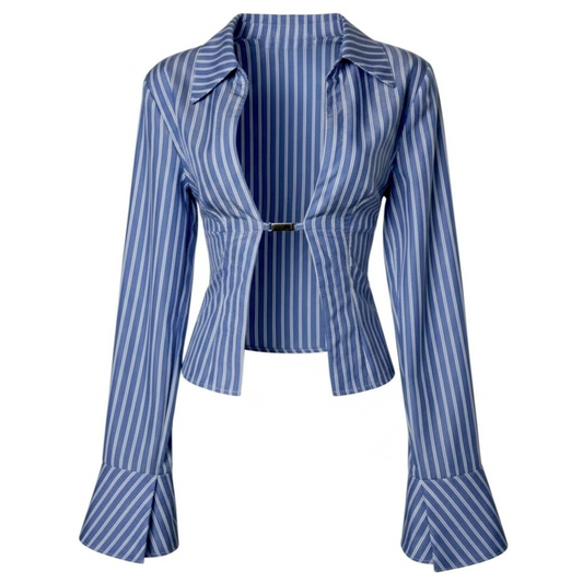 Allison Striped Bell Sleeve Open-Front Crop Top