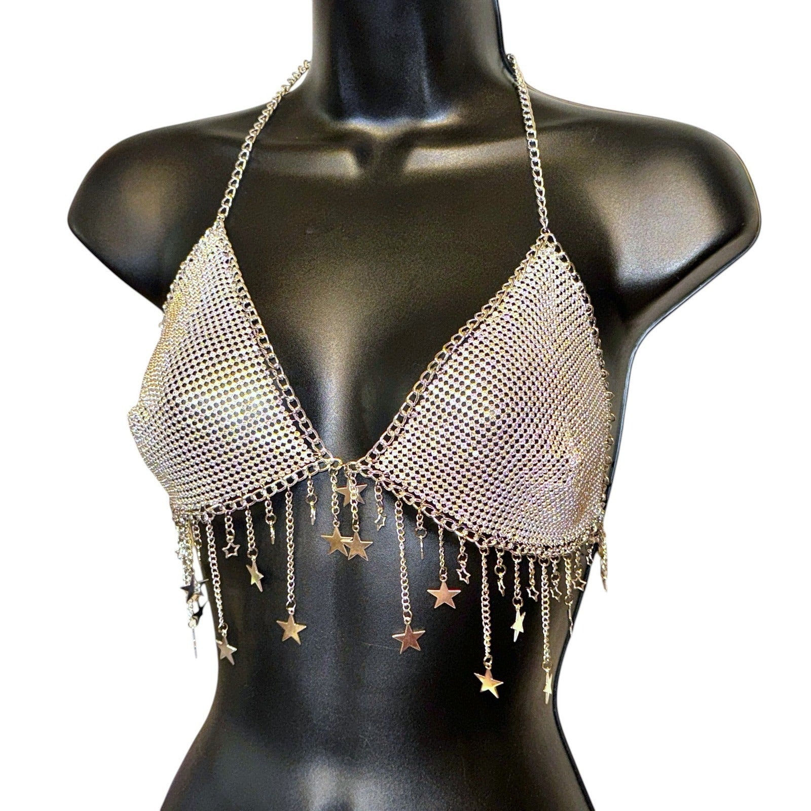 Silver Star Fringe Chainmail Halter Bra