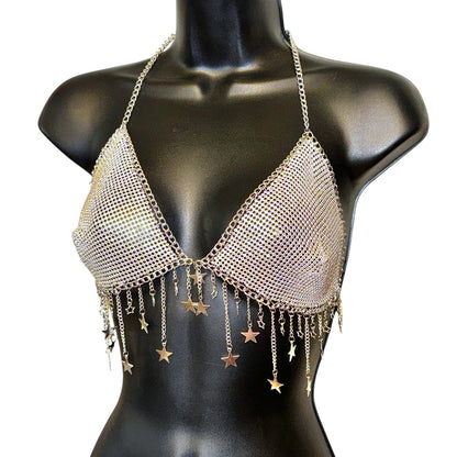 Silver Star Fringe Chainmail Halter Bra