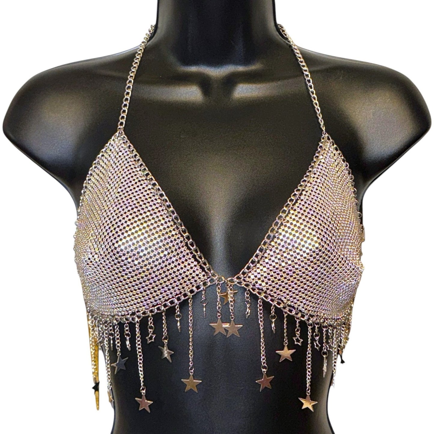 Silver Star Fringe Chainmail Halter Bra