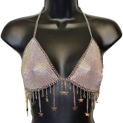 Silver Star Fringe Chainmail Halter Bra