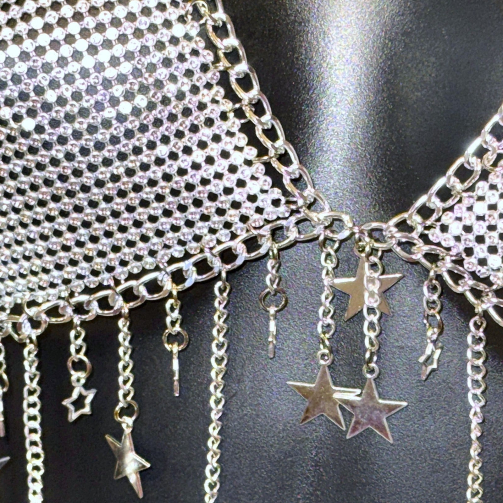 Silver Star Fringe Chainmail Halter Bra