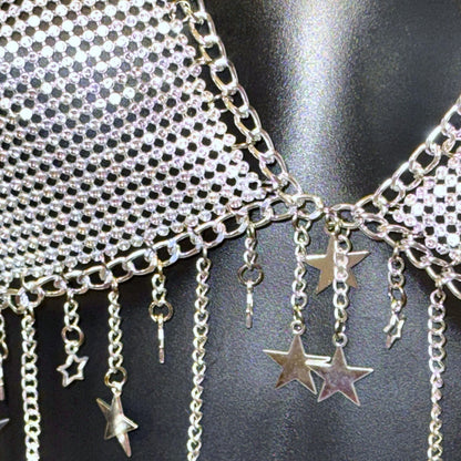 Silver Star Fringe Chainmail Halter Bra