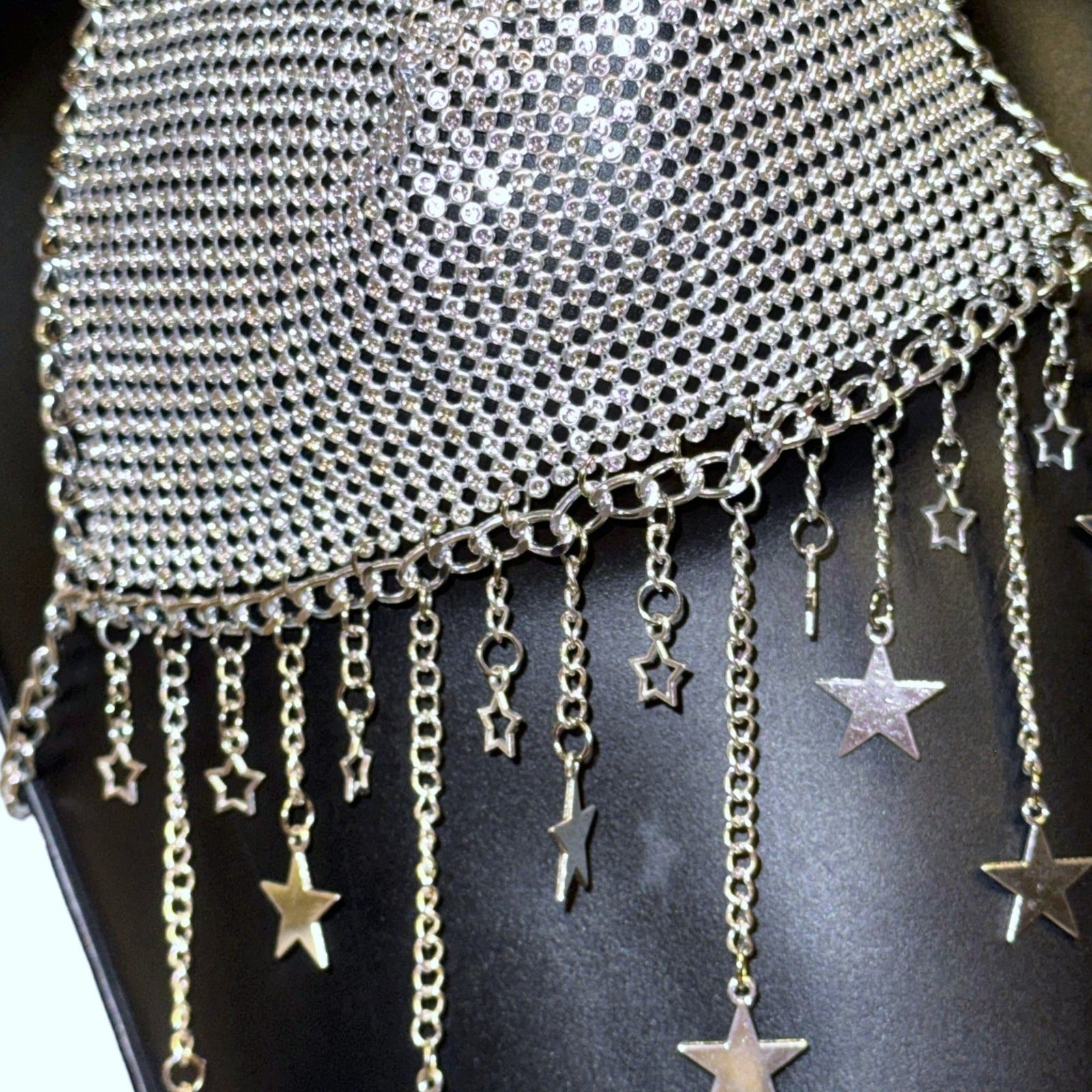 Silver Star Fringe Chainmail Halter Bra