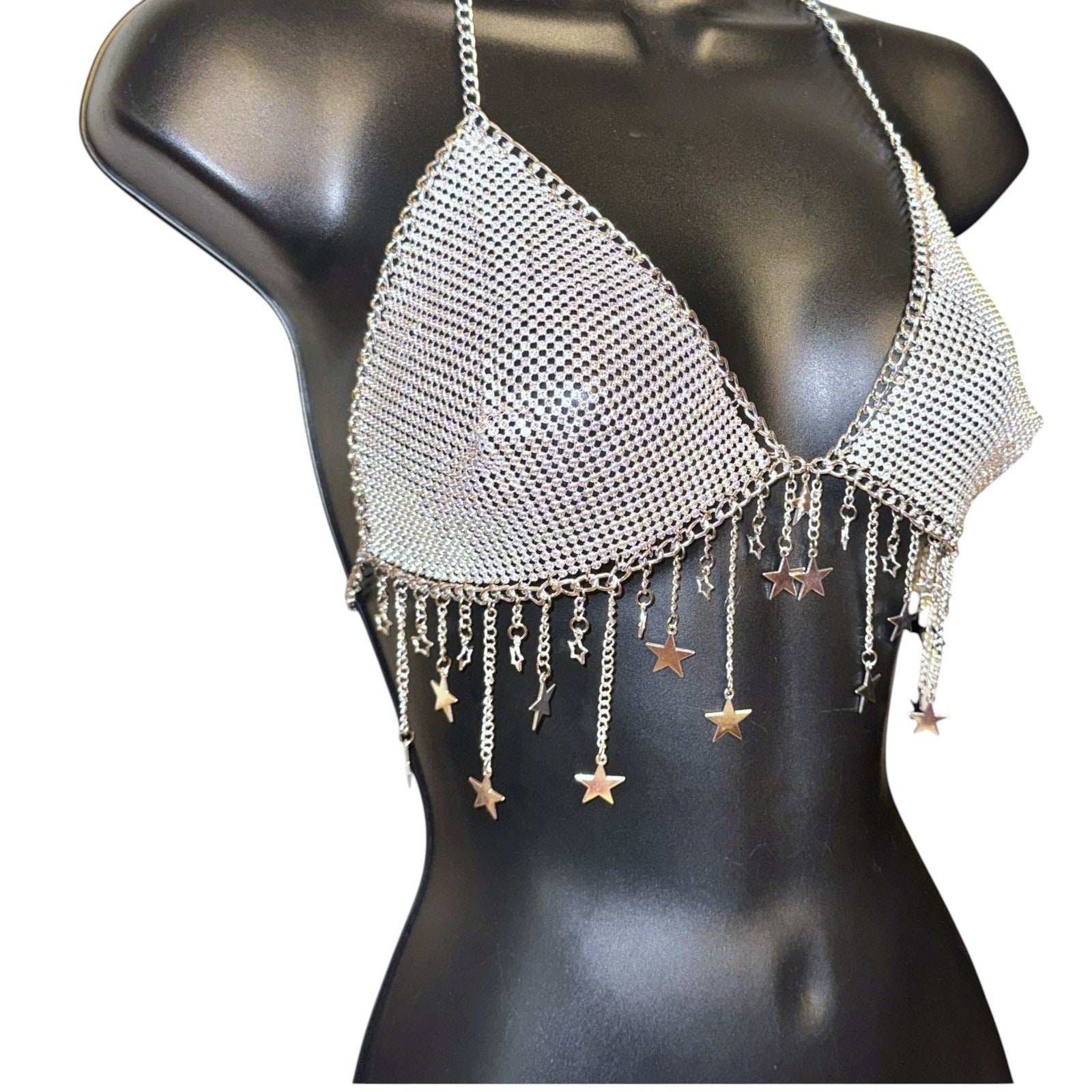 Silver Star Fringe Chainmail Halter Bra