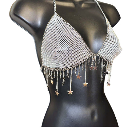 Silver Star Fringe Chainmail Halter Bra