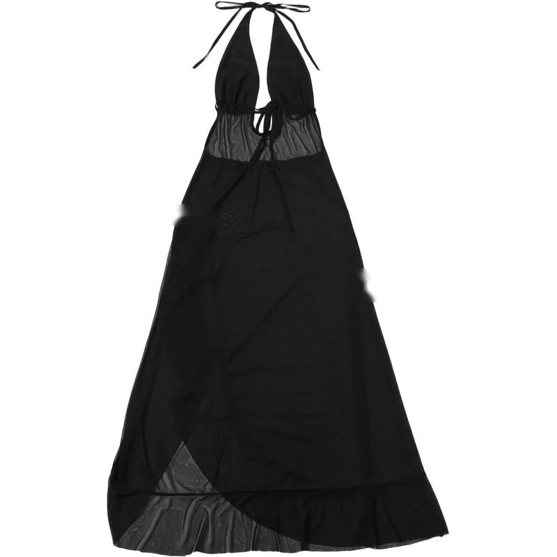 Black Sand sheer mesh halter maxi dress laid flat