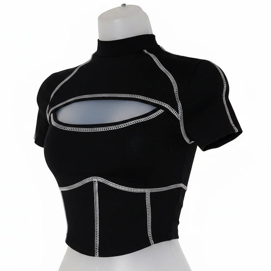 Molliwater black tech-wear crop top with chest cutout, high neck, and white contrast seam detailing on a mannequin.