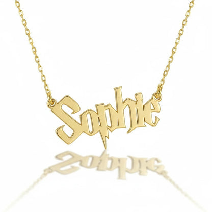 Molliwater gold tone custom name necklace featuring wizarding-world style script lettering on a dainty chain.
