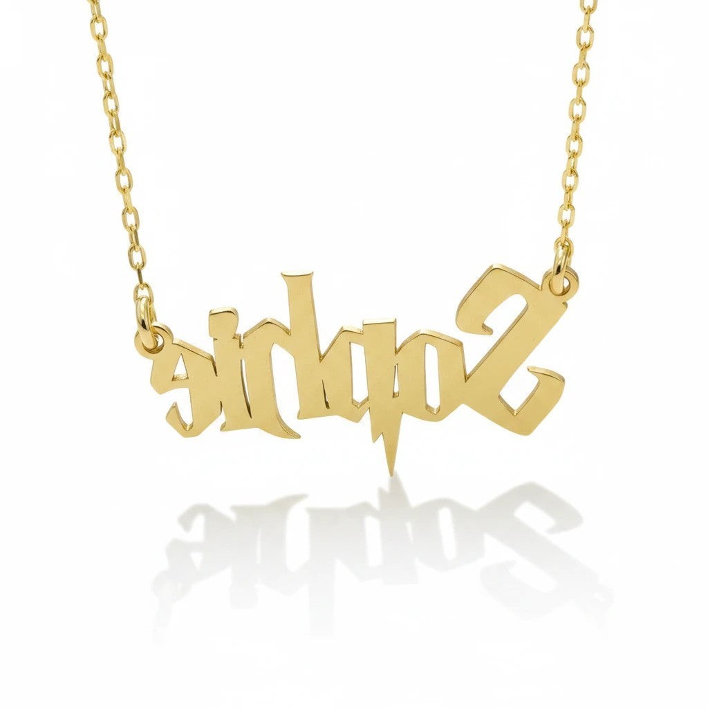 Molliwater gold tone custom name necklace featuring magical wizarding-world style lettering on a dainty chain.