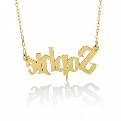 Molliwater gold tone custom name necklace featuring magical wizarding-world style lettering on a dainty chain.