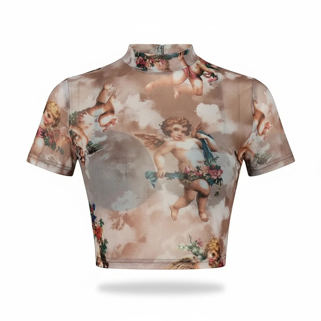Molliwater Renaissance Angel mesh baby tee in sepia with a high mock neck and short sleeves.